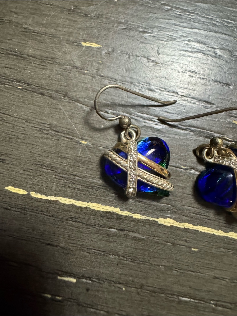 Brighton retired Heart Glass Drop Earrings in Blue-Green with Silver Accents